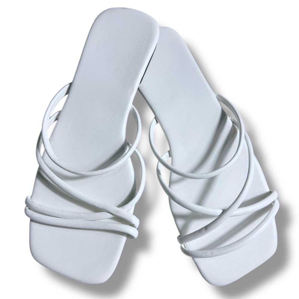 Womens White Square Toe Strappy Flat Sandals Sz 9 40 EU